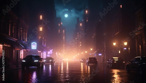 Atmospheric night street with neon lights and wet reflections