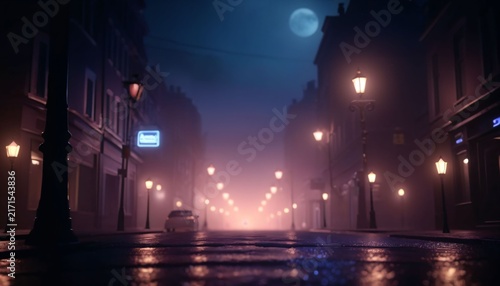 Misty urban street illuminated by warm night lights