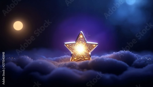 Glowing star resting on soft clouds in dreamy night scene