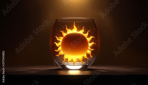 Fiery solar eclipse glowing inside a glass vessel