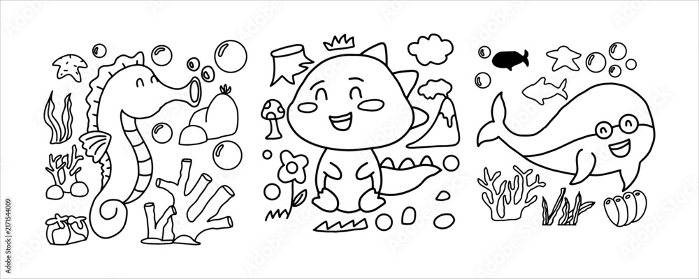 Fototapeta premium Cute Sea Creatures Coloring Pages for Children with Whale Seahorse and Sea Dragon Line Art