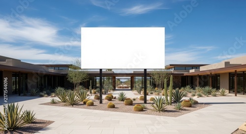 A modern desert architectural complex featuring a central courtyard with arid landscaping and a prominent blank white billboard under a clear blue sky.