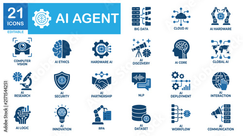 AI agent solid icon set. Chatbot, automation, machine learning. Vectors for tech apps.