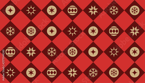 Retro Christmas Pattern with Ecru Color Icons of Christmas Bells, Snowflakes, and Stars. Stylish Vector Design on Jam and Red Diamond Background