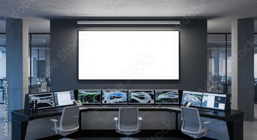 Modern control room with multiple surveillance monitors and a large blank screen for data display.