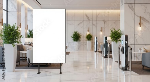 Elegant and spacious hotel lobby featuring a prominent blank white display stand and multiple charging points.