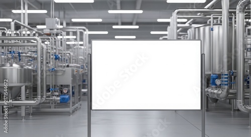Blank billboard in a modern industrial factory with stainless steel pipes and tanks.