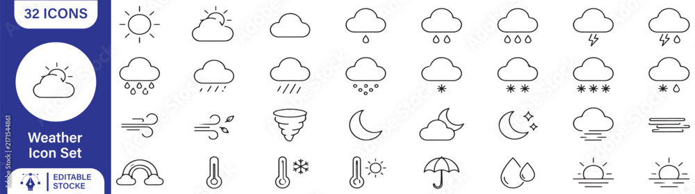Naklejka premium 32 Weather Vector Outline Icons Set – Forecast, Sun, Cloud, Rain, Snow, Storm and Temperature Line Symbols Collection