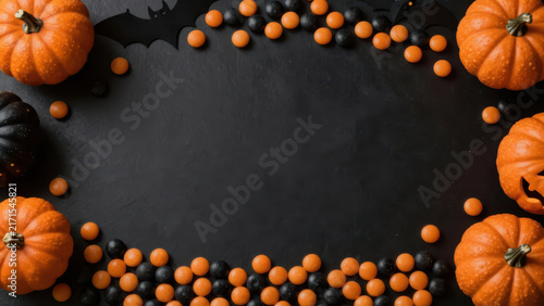 Halloween pumpkin orange black candy bat background dark creates festive autumn border around copy space, with miniature squash, scattered sweets, and spooky seasonal decoration