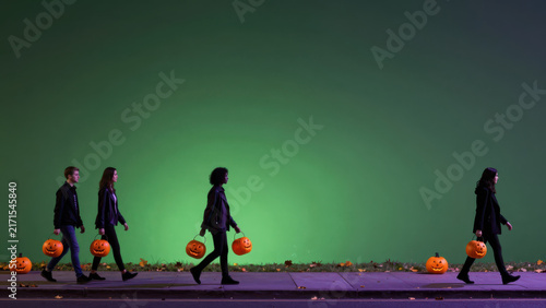 Halloween pumpkin person silhouette walkway green background, four people walk beneath dark sky, creating playful outdoor Halloween scene with glowing decoration