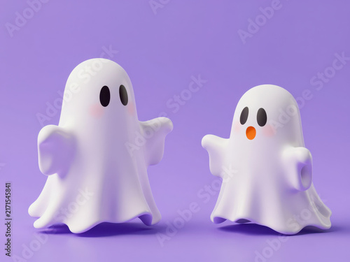 Ghost figurine Halloween purple background white pair spooky scene seasonal display, arranged against studio backdrop with soft shadow and playful appeal for holiday decoration