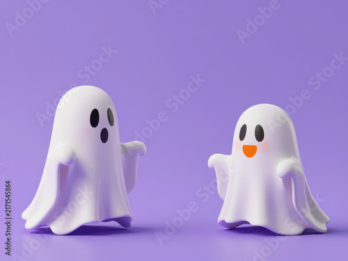 Ghost figurine Halloween purple background white decoration character playful cheerful sculpture, two figures create joyful festive scene for seasonal celebration and creative holiday display
