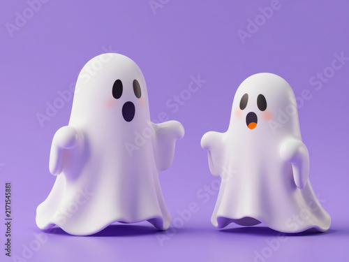 Ghost figurine halloween white purple decoration spooky character pair standing together with playful expression, soft studio lighting, rounded shape, and violet background for seasonal display