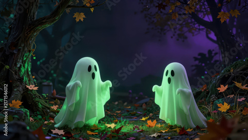 Halloween ghost forest glowing green autumn night cartoon scene featuring two friendly spirits among fallen leaf, twisted tree, purple sky, and magical woodland atmosphere