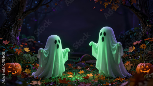 Ghost Halloween pumpkin forest autumn spooky fantasy glowing scene featuring phantom figure beneath ancient tree, surrounded by fallen leaf and magical woodland darkness