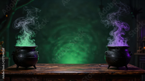 Halloween cauldron smoke green purple magic create atmospheric scene on rustic table, with glowing vapor, dark background, and eerie fantasy mood for seasonal celebration