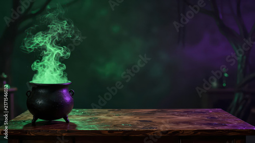 Halloween cauldron green smoke dark forest purple light spooky still life magical glowing vapor black pot creates eerie mood, with vapor rising above rustic wooden table