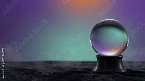 Crystal ball fortune telling sphere on pedestal against dark textured surface, glowing with purple, teal, and orange light, creating mysterious mystical atmosphere