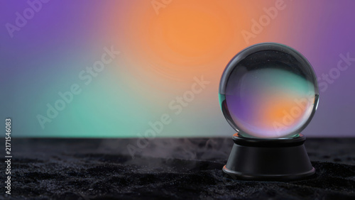 Crystal ball glass sphere black pedestal colorful background smoke Halloween create mysterious mystical scene with glowing reflection, dark fabric, surreal atmosphere, and empty space for themed
