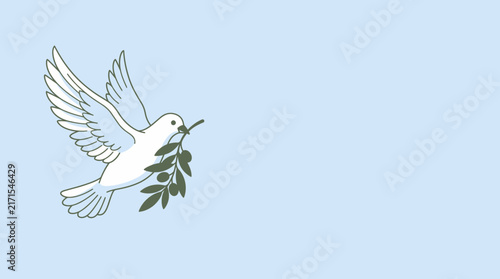 White Dove Carrying An Olive Branch Symbolizing Peace and Harmony on a Soft Light Blue Background Design