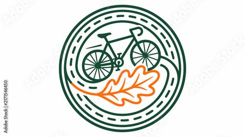 Cycling adventure logo featuring a bicycle icon riding along a winding road path combined with an autumn oak leaf symbol for nature travel branding