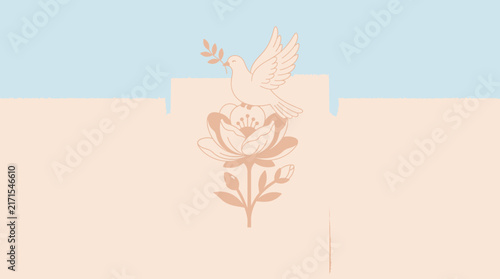 Elegant Minimalist Illustration Featuring a Peaceful Dove Perched Upon a Blooming Flower Blossom with Soft Pastel Tones and Geometric Accents