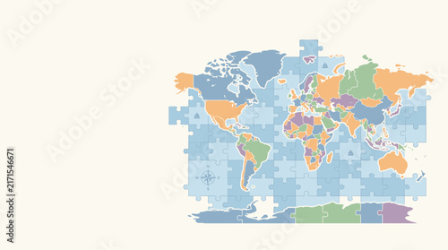 World map rendered as a colorful interlocking puzzle for global connectivity and educational geography concepts