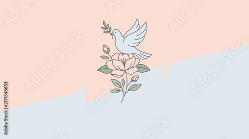 Elegant Peace Dove Perched on a Blooming Floral Stem Minimalist Artistic Illustration for Serene Decor and Creative Graphic Design Projects