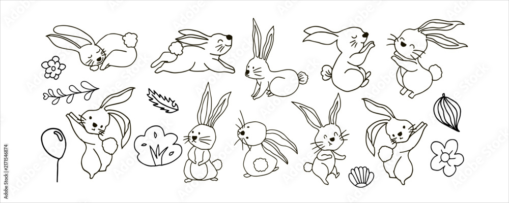 Obraz premium Hand Drawn Cute Rabbit Vector Set Featuring Playful Bunnies and Floral Decorative Elements