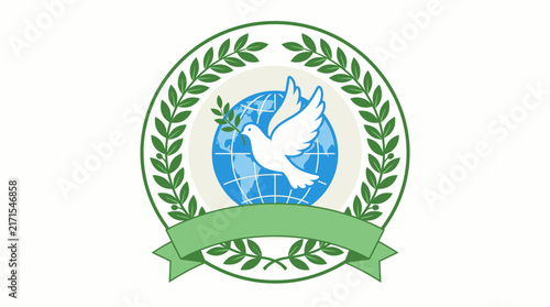 Vector Emblem Featuring a Peaceful White Dove Carrying an Olive Branch Over a Global Globe Icon with Decorative Laurel Wreath Border