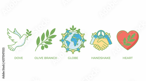 Set of Five Symbolic Vector Icons Representing Global Harmony and Peaceful Cooperation for Humanitarian and Environmental Advocacy Projects