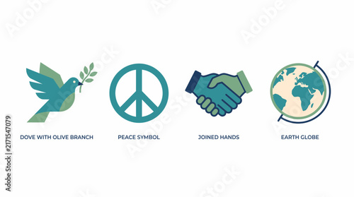 Set of Minimalist Peace and Harmony Symbols Featuring a Dove with an Olive Branch and Global Unity Icons for Humanitarian and Environmental Concepts