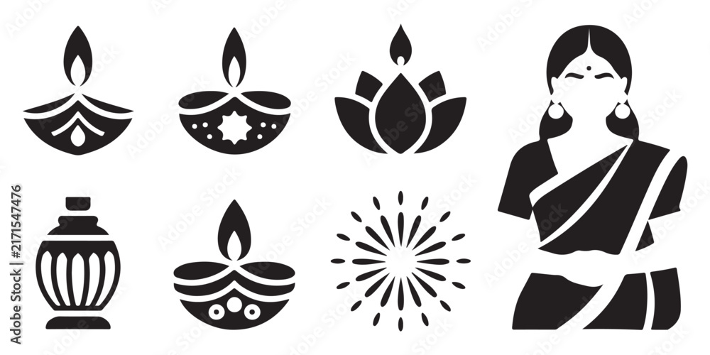 Fototapeta premium Black diwali festival vector illustration set with diya lamp lotus fireworks and indian woman for graphic design.