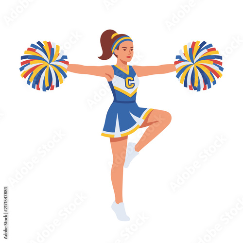 Pom poms held by cheerleader in blue uniform performing routine