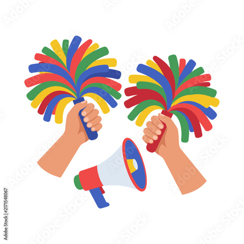 Pom poms and megaphone held by hands for cheering vector