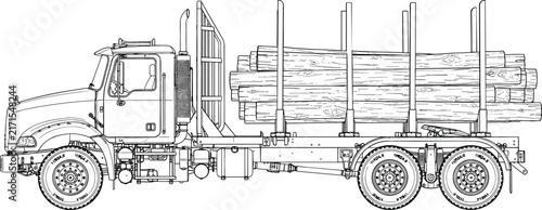 Heavy commercial logging truck vehicle loaded with raw timber wood logs side view vector lineart illustration