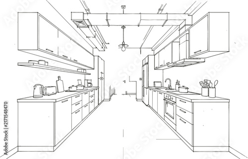 Foto Modern industrial galley kitchen interior perspective sketch with cabinets count