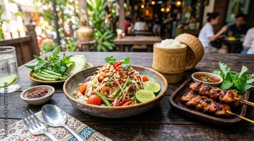 Authentic Thai papaya salad with grilled chicken skewers and sticky rice.