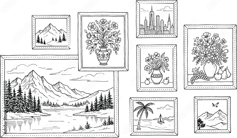 Fototapeta premium Gallery wall collage of framed art pictures featuring mountains flowers cityscape and beach landscape vector outline