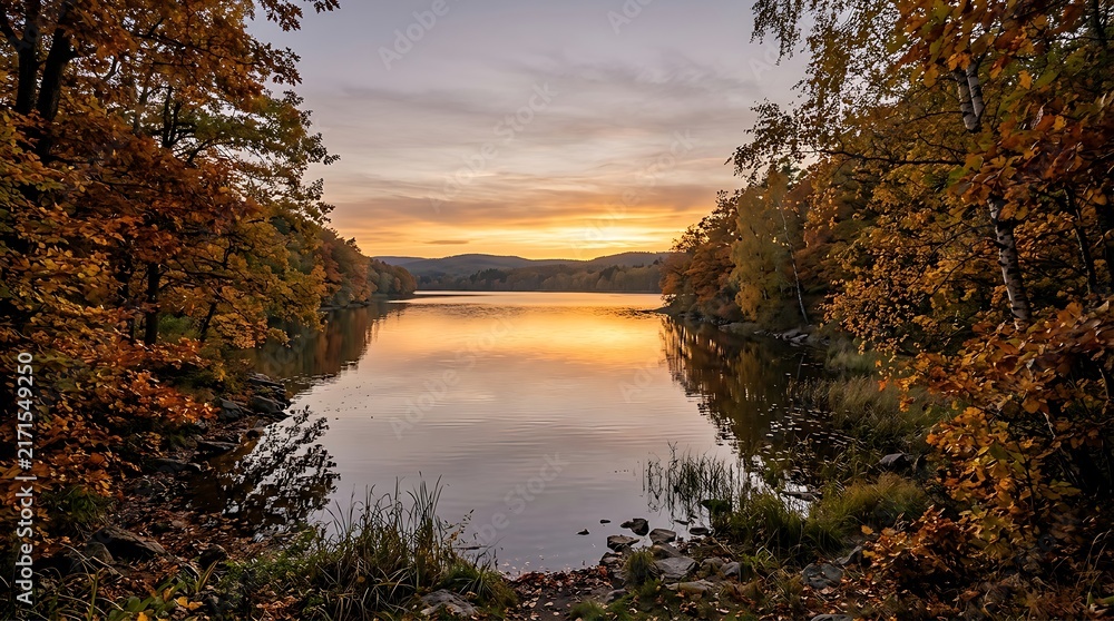 Obraz premium Serene lake surrounded by autumn trees at golden hour