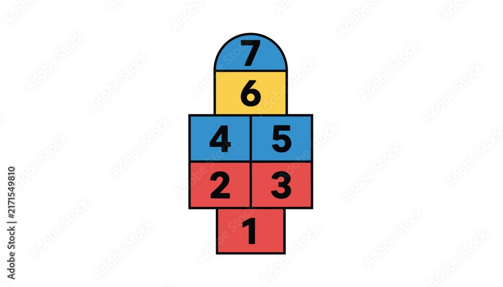 Fototapeta premium Colorful hopscotch playground game grid drawn with numbers one to seven in blue, red, and yellow on a clean white background.