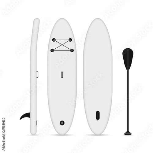 A realistic vector sup board with paddle white 3d blank mockup shows front, back, and side view, ideal for water sports equipment catalogs, summer activity promotion, and beach rental branding.
