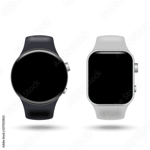 Round and square smartwatch mockups with blank black screens front view isolated on white background, two realistic smart watches in black and white realistic vector illustration.