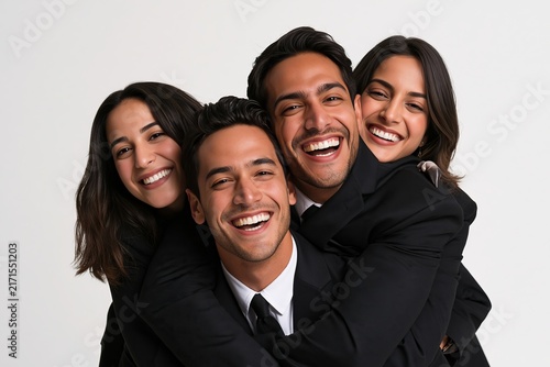 Happy young friends smiling and hugging each other warmly against a white background