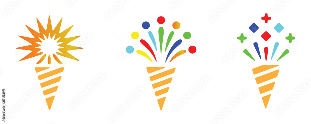 Obraz premium Party poppers colorful confetti explosion icons set for festive birthday celebration event design.