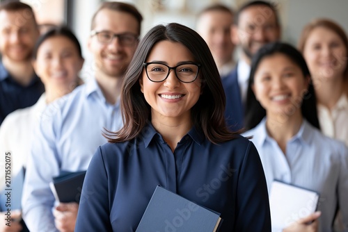 Smiling young woman in glasses holding a notebook with a diverse team of colleagues behind her