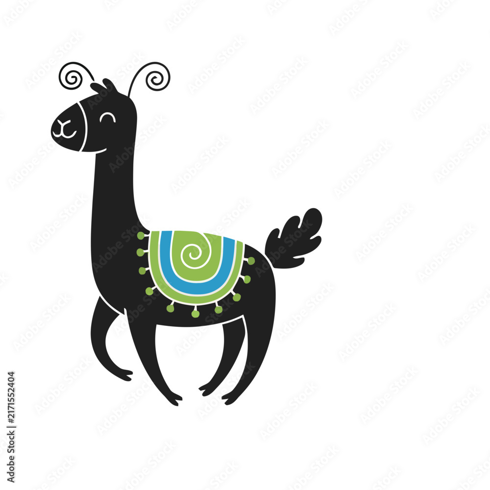 Naklejka premium Cute Black Llama with Colorful Blanket