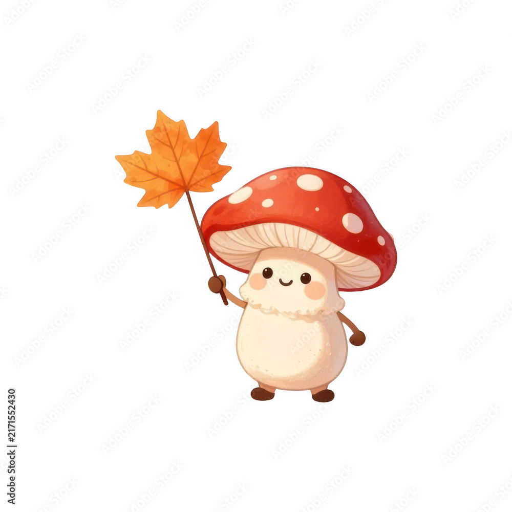 Fototapeta premium Cute cartoon red toadstool mushroom holding an autumn leaf with fall foliage