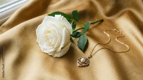 Elegant white rose and gold jewelry on beige satin fabric background.