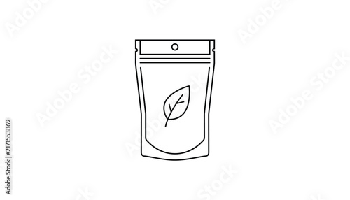 Eco friendly ziplock plastic pouch bag icon featuring a single leaf design shown in thin black outline.